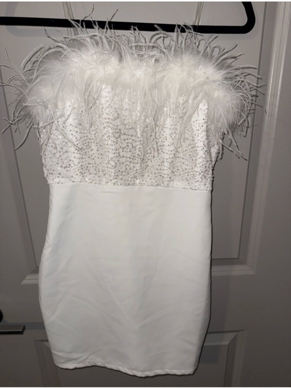 Main Strip White Feather-Trim Mini Dress